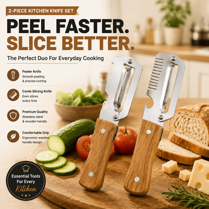 🔥DERNIER JOUR À -50 % -✨ Ensemble de 2 couteaux de cuisine – Couteau éplucheur haut de gamme et couteau à dents pour trancher avec manche en bois