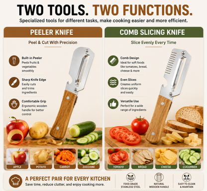 🔥DERNIER JOUR À -50 % -✨ Ensemble de 2 couteaux de cuisine – Couteau éplucheur haut de gamme et couteau à dents pour trancher avec manche en bois