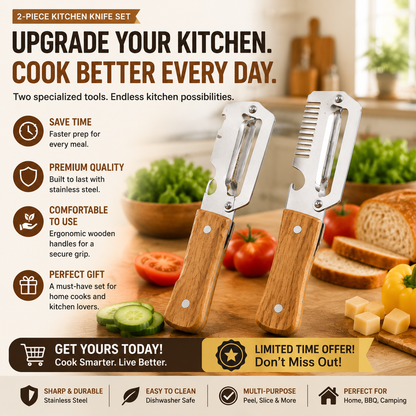 🔥DERNIER JOUR À -50 % -✨ Ensemble de 2 couteaux de cuisine – Couteau éplucheur haut de gamme et couteau à dents pour trancher avec manche en bois