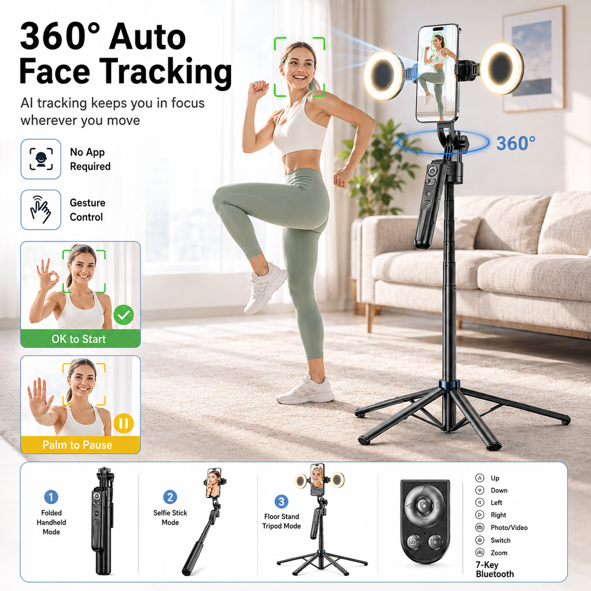 Perche à selfie trépied avec suivi facial IA – Suivi automatique à 360°, trépied à 4 pieds de 70,8' avec double éclairage de remplissage et options de micro sans fil