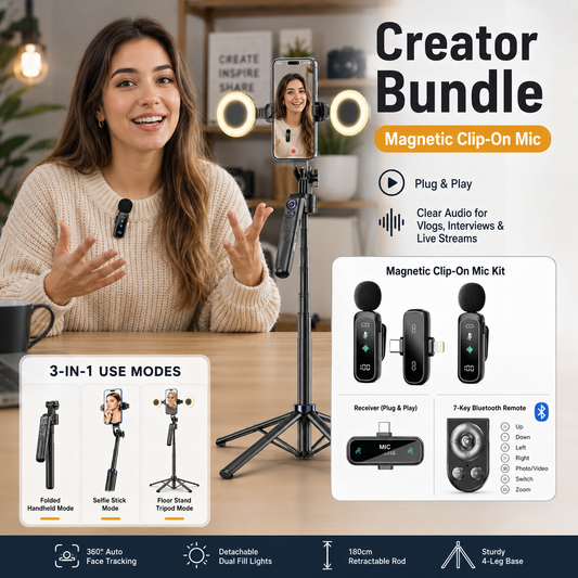 AI Face Tracking Selfie Stick Tripod – 360° Auto Tracking, 70.8' 4-Leg Stand with Dual Fill Lights & Wireless Mic Options