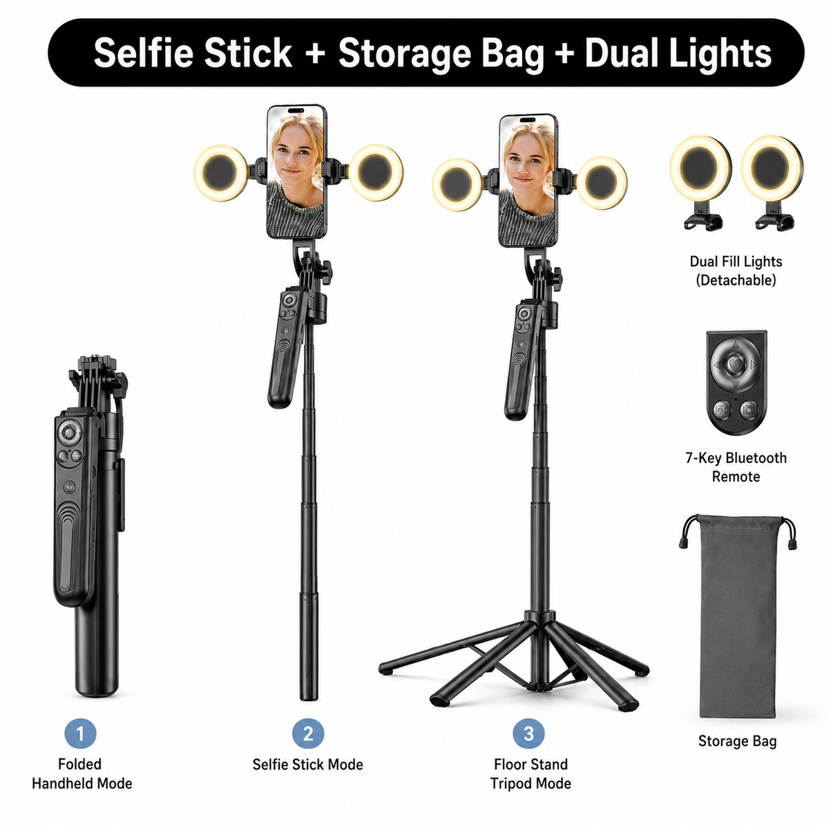 Perche à selfie trépied avec suivi facial IA – Suivi automatique à 360°, trépied à 4 pieds de 70,8' avec double éclairage de remplissage et options de micro sans fil