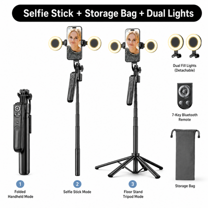Perche à selfie trépied avec suivi facial IA – Suivi automatique à 360°, trépied à 4 pieds de 70,8' avec double éclairage de remplissage et options de micro sans fil