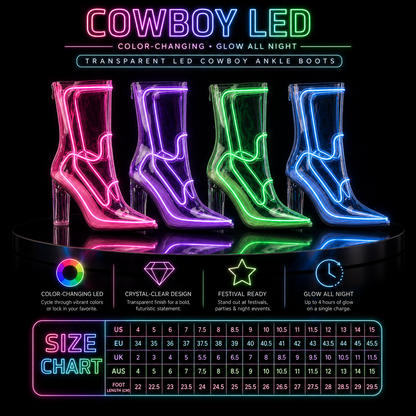🌈 Bottines de cow-boy LED à couleurs changeantes – Bottes transparentes lumineuses