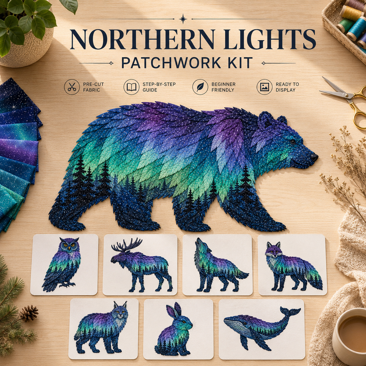 ⏳Dernier jour - 49 % de réduction - Kit de broderie DIY « Aurores boréales et faune sauvage »🌌🐺