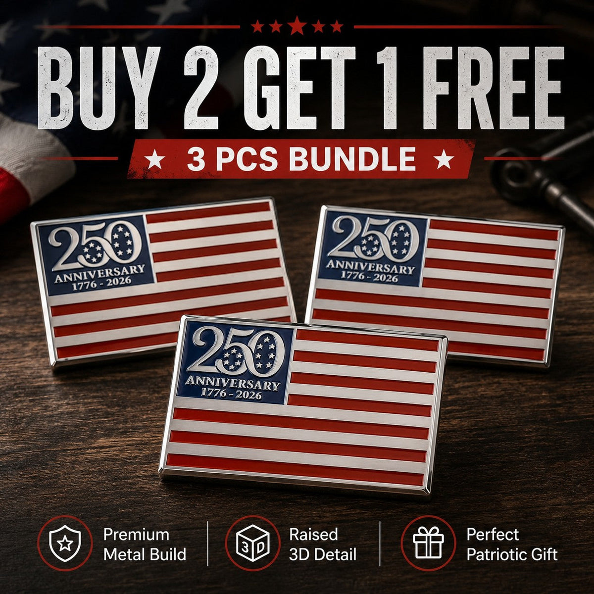 2 PCS 250th Anniversary Metal Flag Emblem★