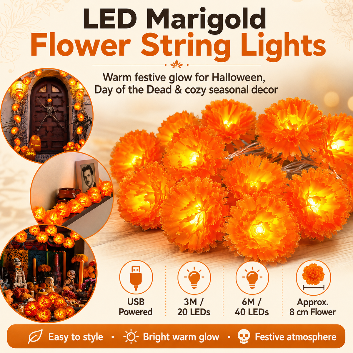 🌼Guirlande d’œillets d’Inde lumineuse à recharge USB