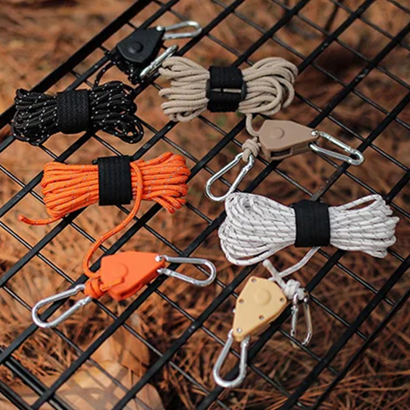 🔥Corde de camping portable et réglable avec tendeur à poulie à dégagement rapide et fixation haute résistance