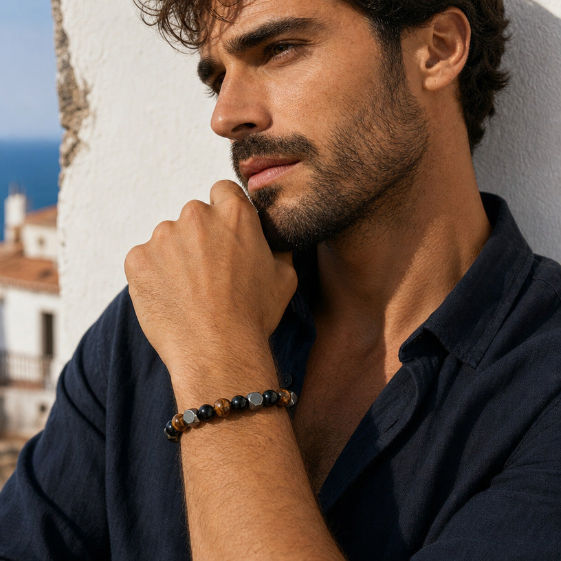🖤 Bracelet de protection en hématite pour papa – Bracelet minimaliste en perles de pierre, cadeau de fête des Pères significatif pour lui