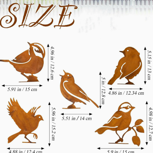 🐦 Lot de 5 silhouettes d’oiseaux réalistes en métal rouillé – Décoration de jardin