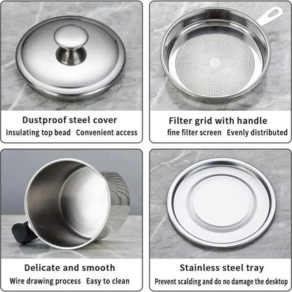 🔥 Meilleure vente !  1 distributeur d’huile de cuisine moderne avec plateau et couvercle, pot à huile en acier inoxydable avec filtre, récipient pour graisse de bacon, flacon pour huile de cuisson, ustensile de cuisine, accessoire de cuisine