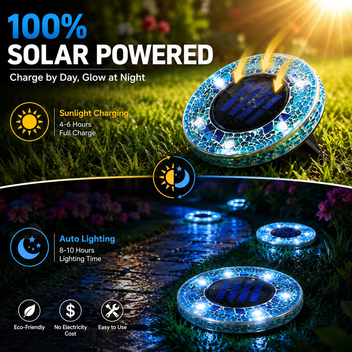 Lampes solaires LED en forme de disque en mosaïque pour allée extérieure