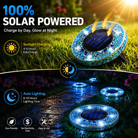 Lampes solaires LED en forme de disque en mosaïque pour allée extérieure