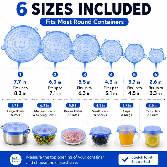 Lot de 6 couvercles universels réutilisables en silicone, auto-obturants, pour conserver les aliments