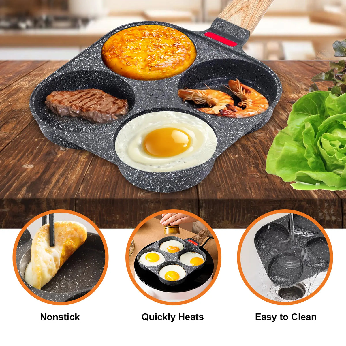 Poêle à petit-déjeuner antiadhésive à 4 cavités – Mini-poêle à œufs et à burgers pour une cuisson parfaitement uniforme