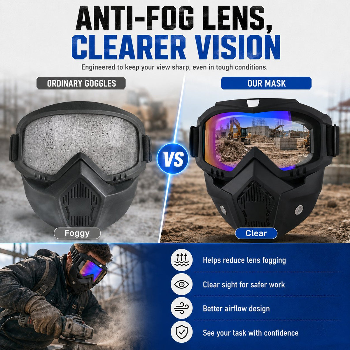 🤿Masque de protection multifonction - Lunettes de soudage à teinte automatique, Visière de ski antibuée & Équipement de jardinage anti-poussière - Masque de sécurité tout-terrain