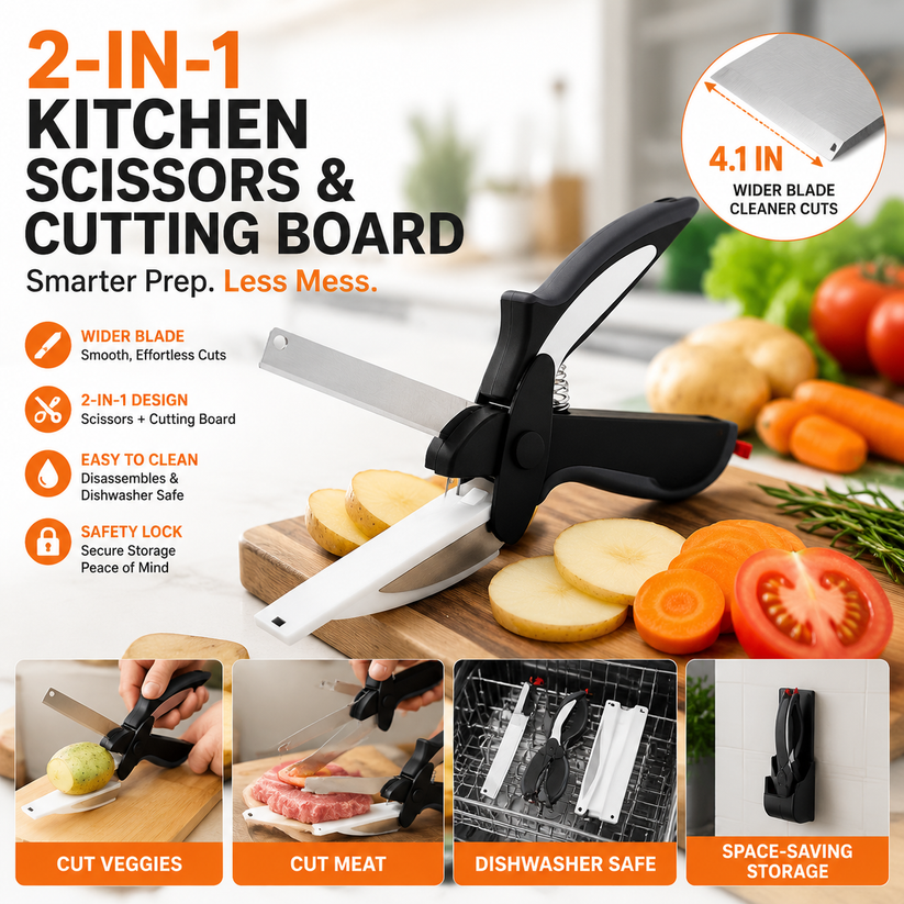 Ciseaux de cuisine 2-en-1 avec planche à découper – Coupe-aliment en acier inoxydable pour viande, légumes, fruits et fromage