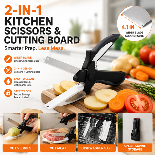 Ciseaux de cuisine 2-en-1 avec planche à découper – Coupe-aliment en acier inoxydable pour viande, légumes, fruits et fromage