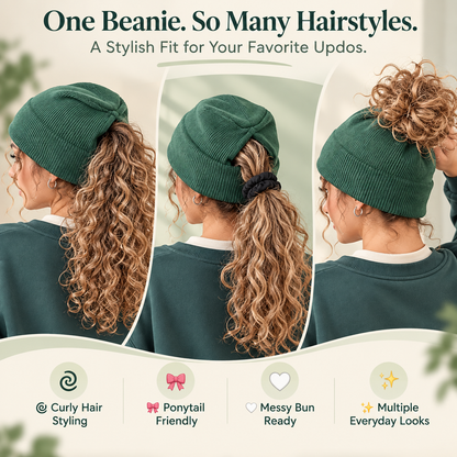 Messy Bun Beanie – Stretchy Ribbed Knit Hat with Hidden Ponytail Opening for Curly Hair & Winter Style ✨