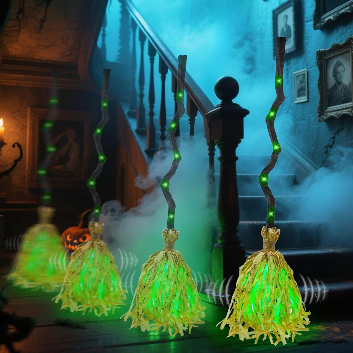 Balai de sorcière dansant animé avec LED vertes & rire effrayant