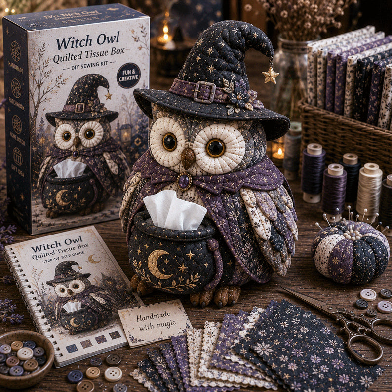 🦉 Kit de couture DIY Boîte à mouchoirs matelassée Hibou Sage