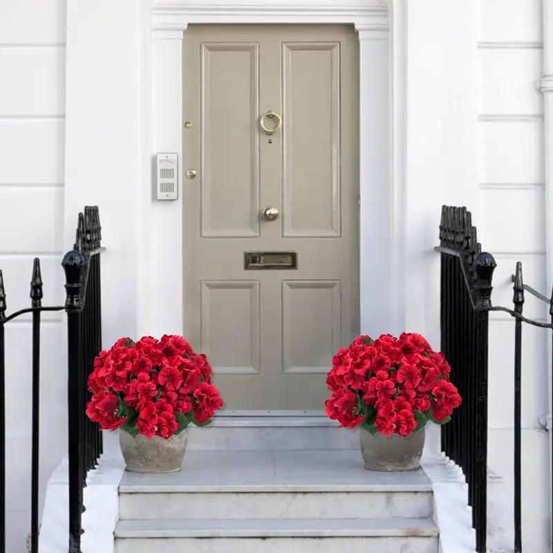 Géraniums artificiels résistants aux UV – Fausses fleurs rouges d'extérieur pour terrasse, jardin et décoration intérieure