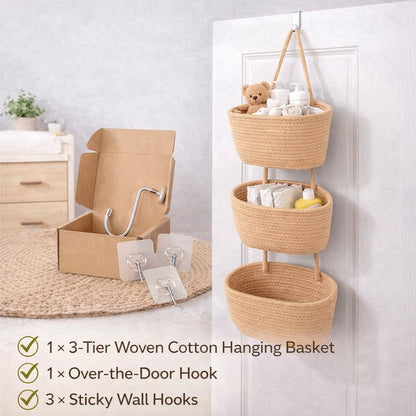 🧺Panier à 3 niveaux en coton tressé à suspendre sur une porte, organisateur de rangement mural en jute🔥