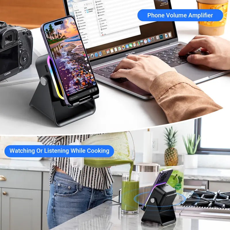 Enceinte Bluetooth intelligente sans fil 5-en-1 – Lecture automatique du téléphone, éclairage RVB, support réglable et batterie externe