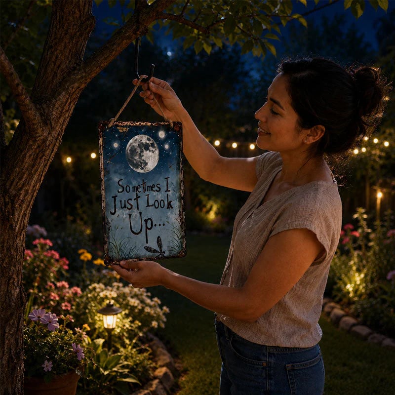 🌙 Plaque en métal rétro Ciel étoilé – « Parfois, je regarde juste en haut... » Décoration murale inspirante