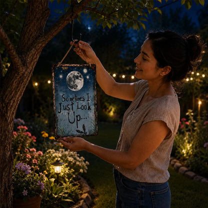 🌙 Plaque en métal rétro Ciel étoilé – « Parfois, je regarde juste en haut... » Décoration murale inspirante