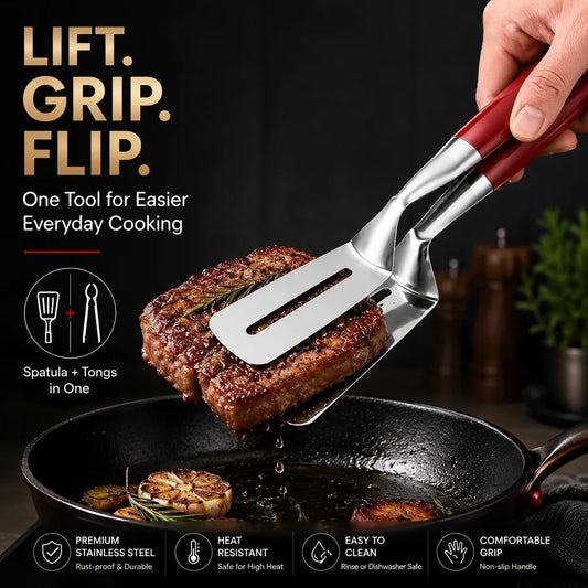 1 ACHETÉ = 1 OFFERT🍳 Spatule-pince 2-en-1 en acier inoxydable – Saisir, retourner et servir