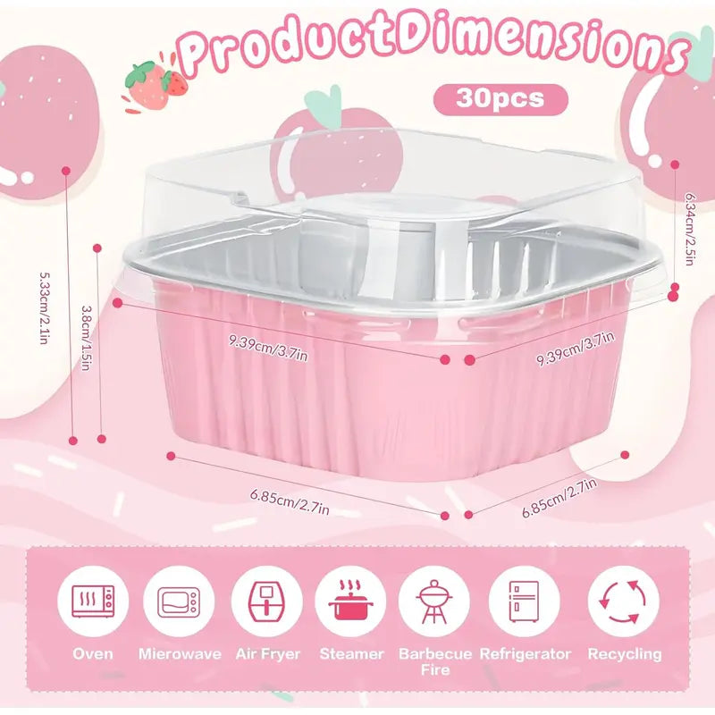 Lot de 30 mini moules à gâteau en aluminium rose avec couvercles – Coupelles à dessert jetables de 142 g