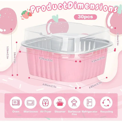 Lot de 30 mini moules à gâteau en aluminium rose avec couvercles – Coupelles à dessert jetables de 142 g