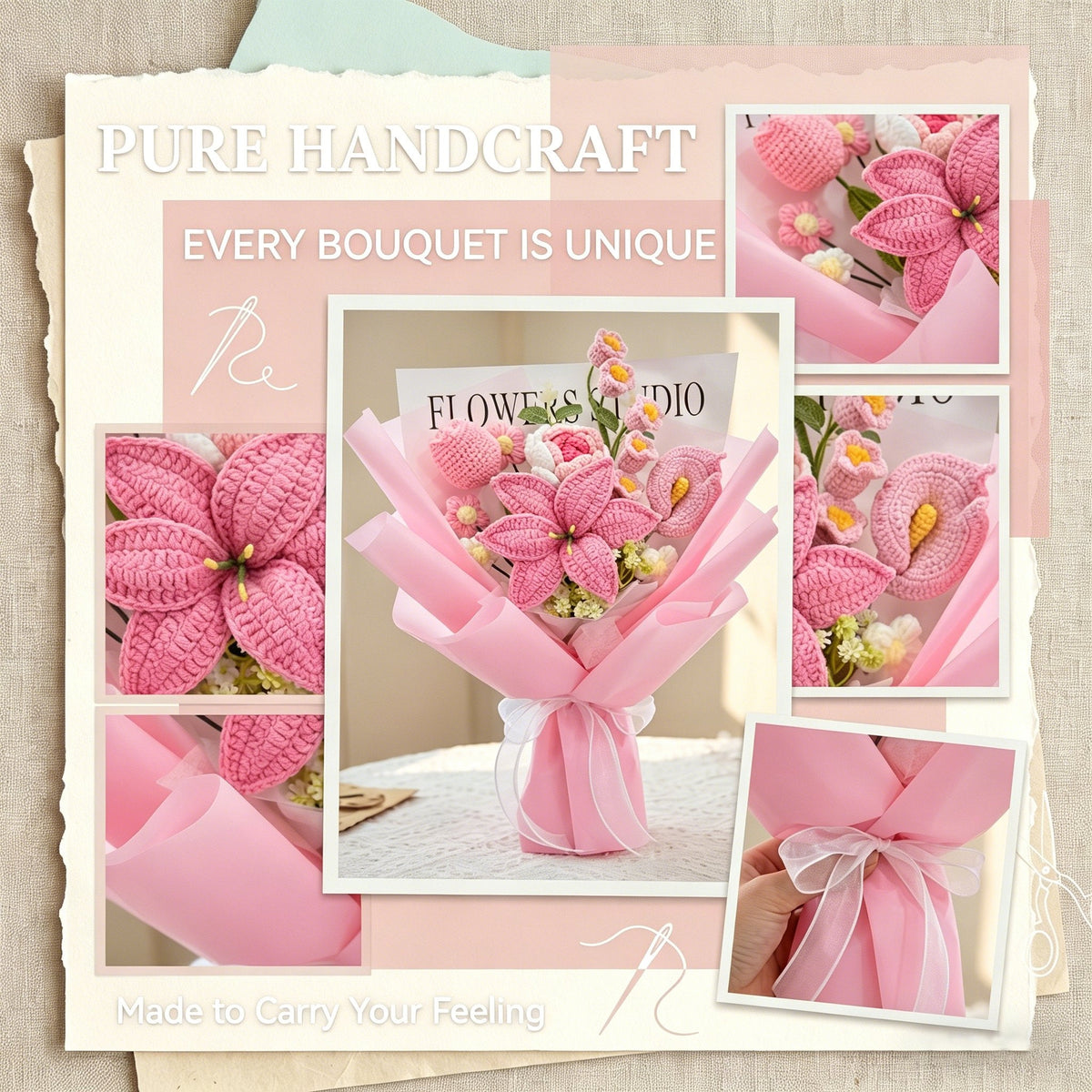 🌺 Bouquet de lys, roses et tulipes au crochet rose