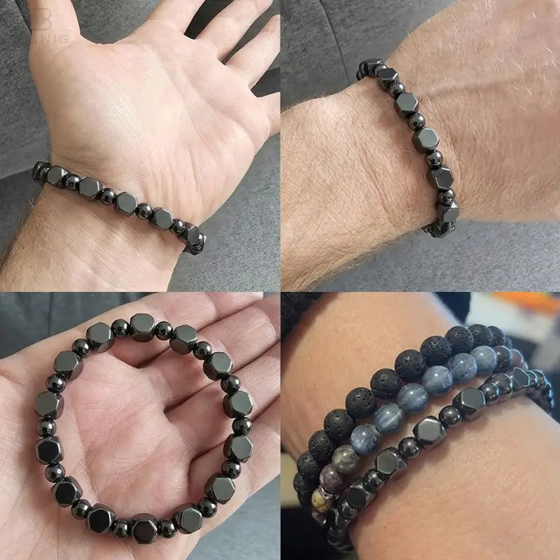 🖤 Bracelet de protection en hématite pour papa – Bracelet minimaliste en perles de pierre, cadeau de fête des Pères significatif pour lui