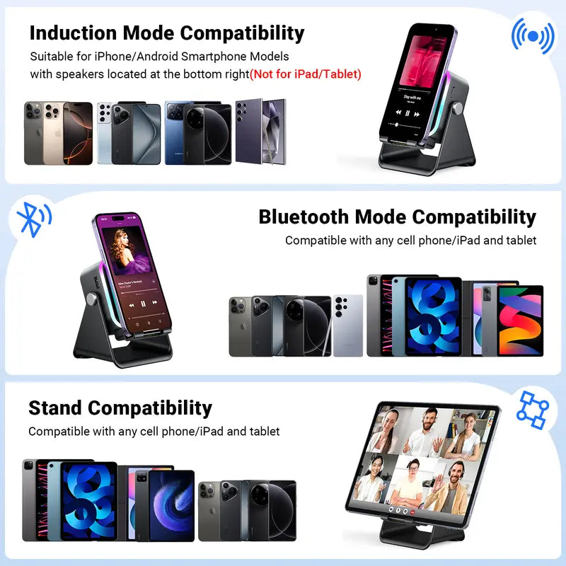 Enceinte Bluetooth intelligente sans fil 5-en-1 – Lecture automatique du téléphone, éclairage RVB, support réglable et batterie externe
