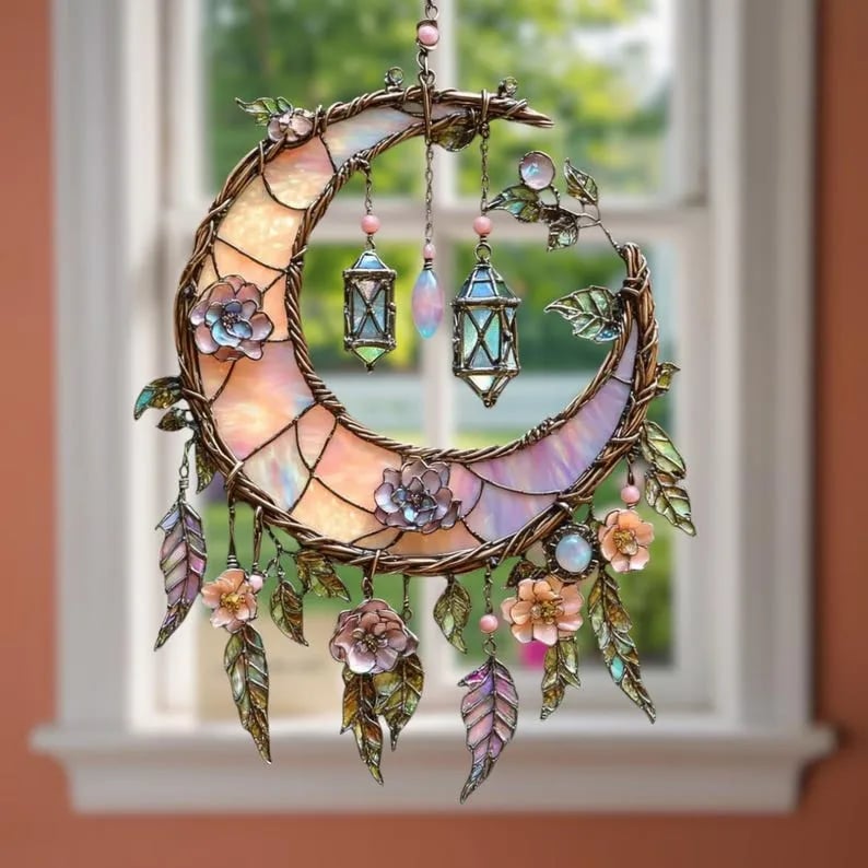 🌙Décoration de fenêtre peinte à la main avec lune et fleurs💖