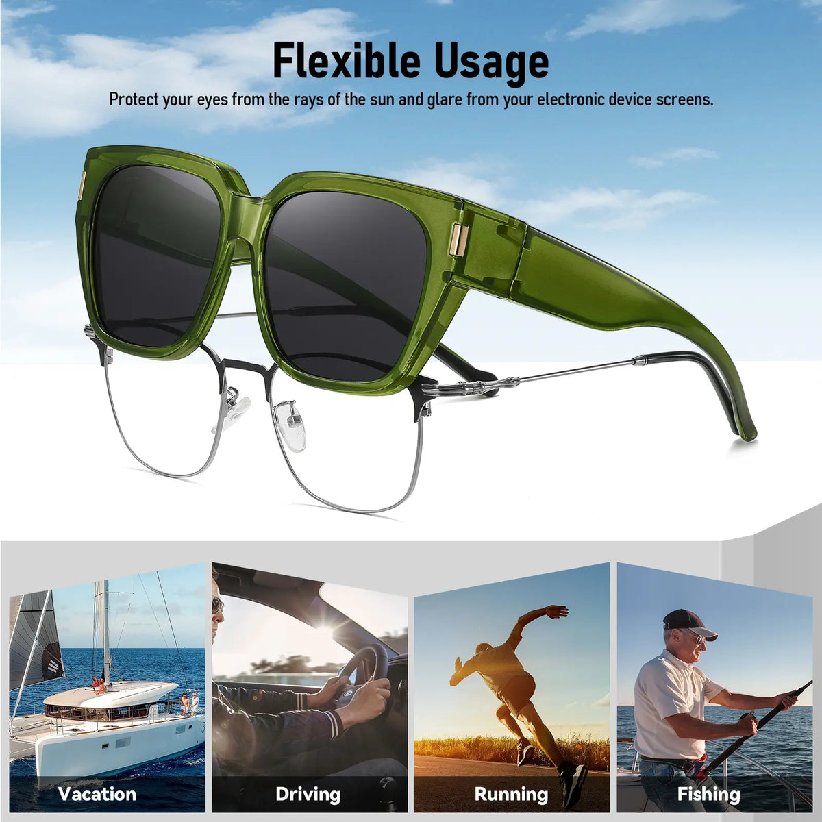 Lunettes de soleil polarisées à porter par-dessus des lunettes de vue pour femmes et hommes, tendance, carrées, enveloppantes, protection UV400, légères et durables
