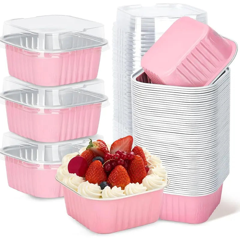 Lot de 30 mini moules à gâteau en aluminium rose avec couvercles – Coupelles à dessert jetables de 142 g