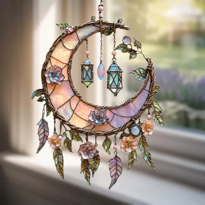 🌙Décoration de fenêtre peinte à la main avec lune et fleurs💖
