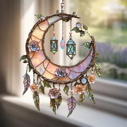 🌙Décoration de fenêtre peinte à la main avec lune et fleurs💖