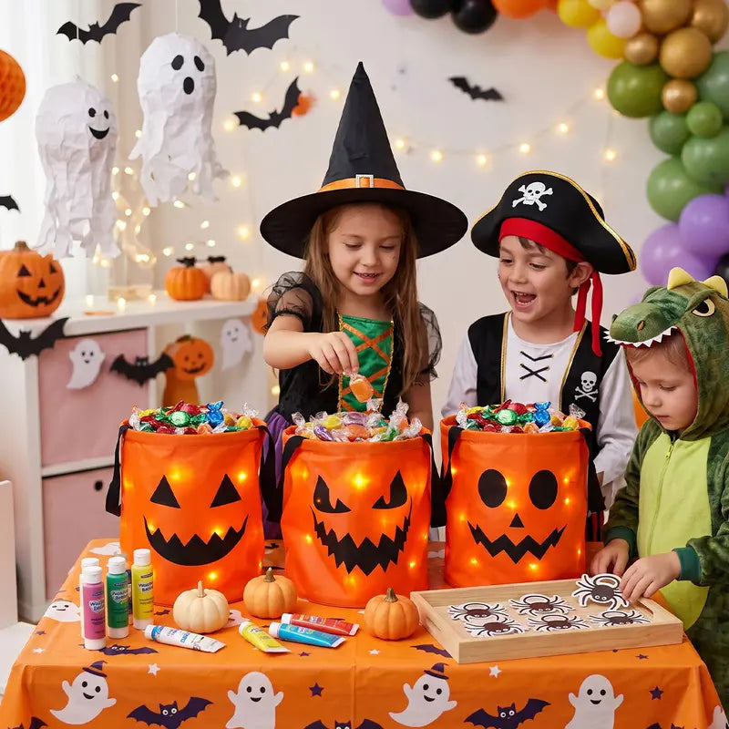 🎃 Seau à bonbons d'Halloween avec lumières LED Sacs cadeaux en non-tissé Sacs pour des bonbons ou des farces Sacs à bonbons citrouille Sacs fourre-tout réutilisables 👻