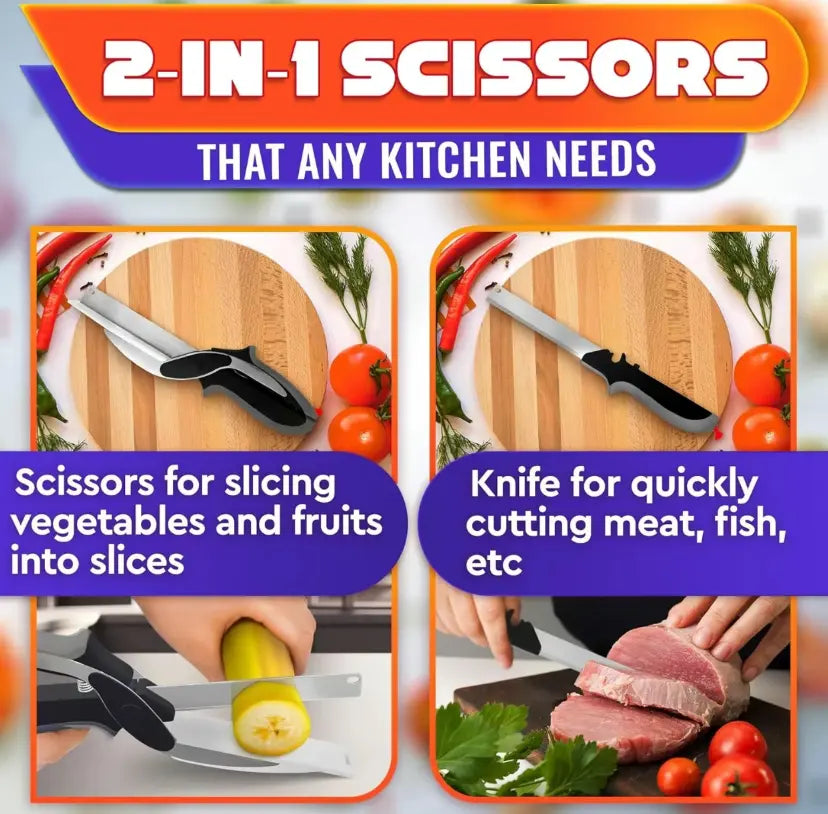 Ciseaux de cuisine 2-en-1 avec planche à découper – Coupe-aliment en acier inoxydable pour viande, légumes, fruits et fromage