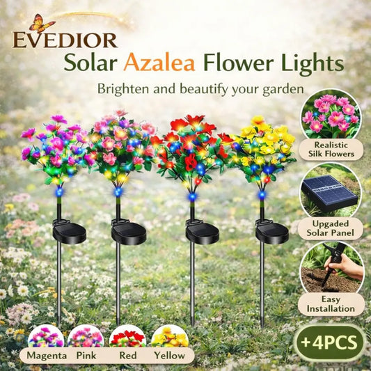 🌺Lot de 4 lampes solaires en forme de fleurs d’azalées | Piquets réalistes multicolores étanches IP65 pour décoration de jardin et mémoriale de cimetière