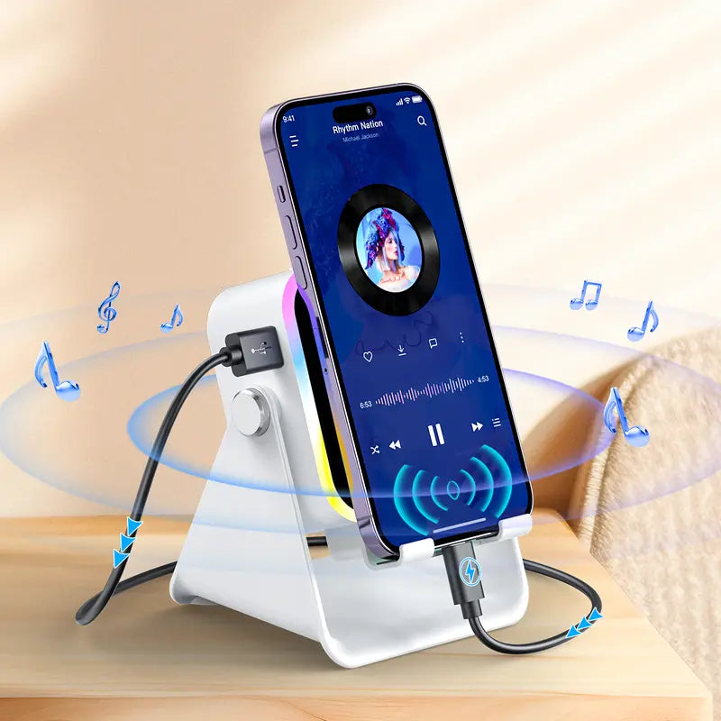 Enceinte Bluetooth intelligente sans fil 5-en-1 – Lecture automatique du téléphone, éclairage RVB, support réglable et batterie externe