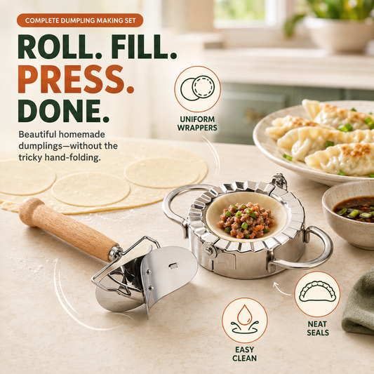 🥟 Set de fabrication de raviolis et découpe de pâte en acier inoxydable – Roulez, garnissez, pressez et scellez facilement