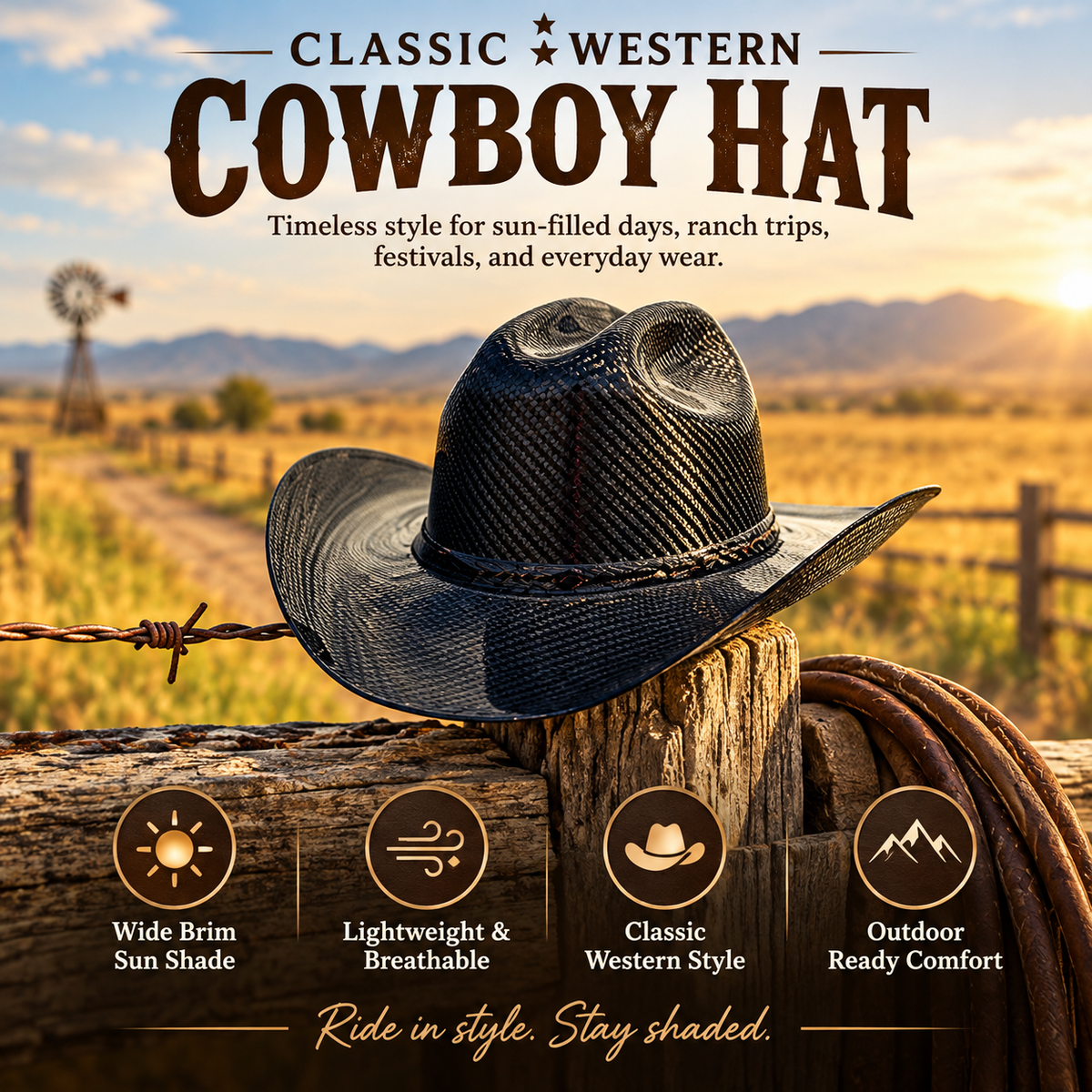 🤠 Chapeau de cowboy western classique – Chapeau de soleil d’extérieur à large bord pour le ranch, les festivals et un usage quotidien
