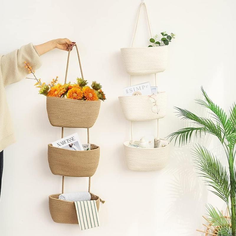 🧺Panier à 3 niveaux en coton tressé à suspendre sur une porte, organisateur de rangement mural en jute🔥