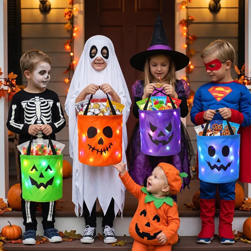 🎃 Seau à bonbons d'Halloween avec lumières LED Sacs cadeaux en non-tissé Sacs pour des bonbons ou des farces Sacs à bonbons citrouille Sacs fourre-tout réutilisables 👻