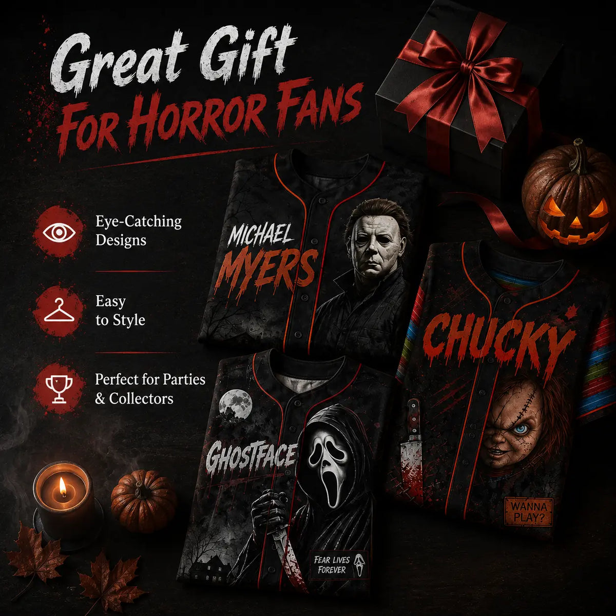 Maillot de baseball horreur slasher, T-shirt avec des personnages de films d’horreur classiques, Uniforme d’Halloween pour une équipe effrayante, Déguisements pour soirée d’Halloween, Cadeaux d’Halloween